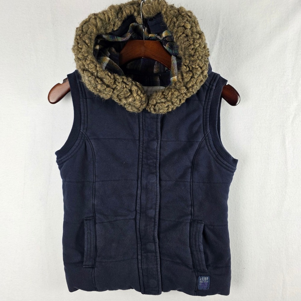 Aeropostale Women's Navy Blue Faux Fur Hooded Quilted Puffer Vest Size S